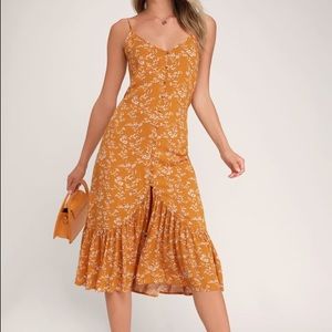 Missie Mustard Yellow Floral Tie-Back Midi Dress